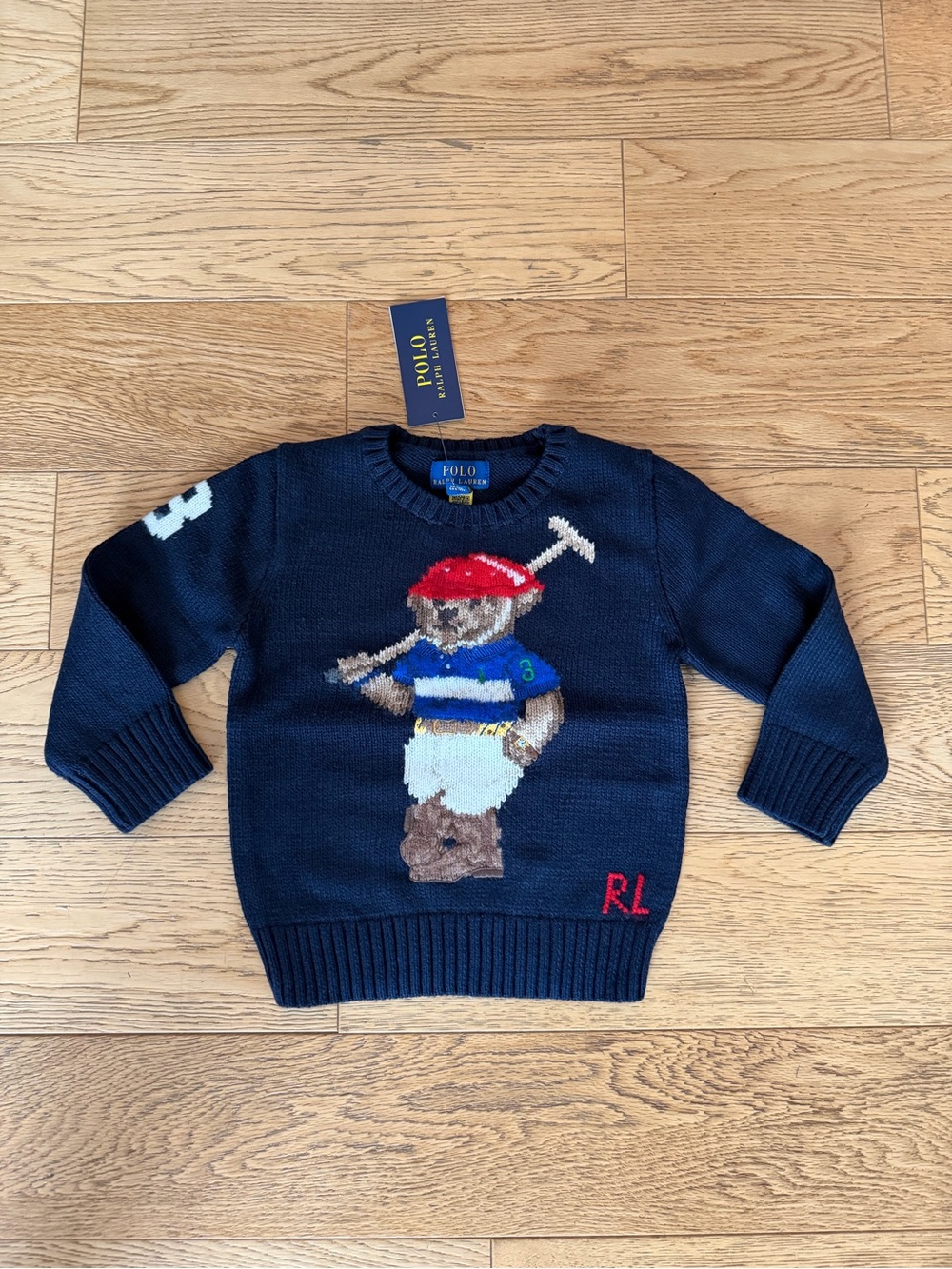 Polo Ralph Lauren Navy Bear Intarsia Sweater Teddy Cotton Crewneck Horse